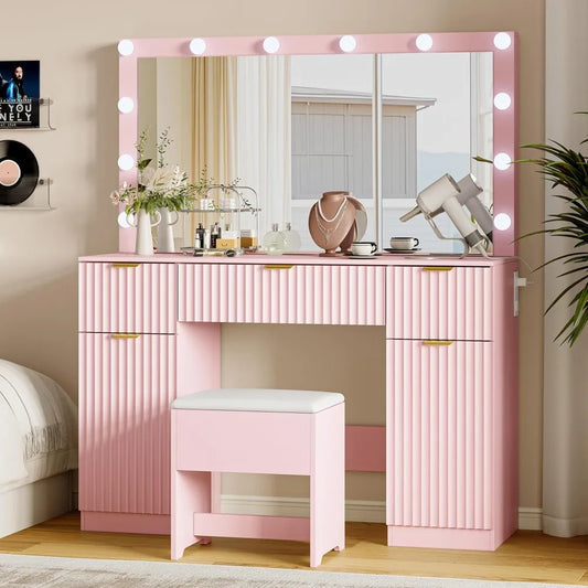 Fluted Vanity Desk with LED Mirror Charging Station 3 Light Modes