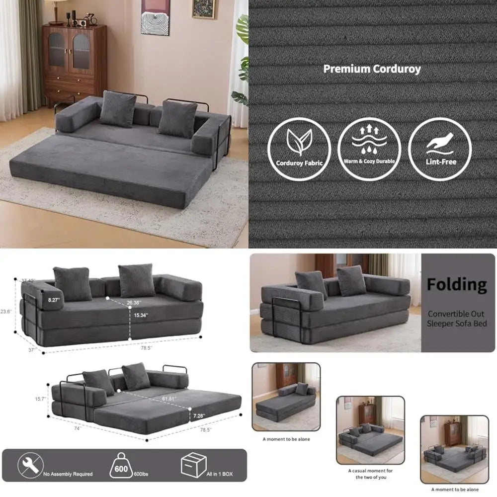Corduroy Sofa Bed Convertible Floor Couch Armrests Comfortable Lounger
