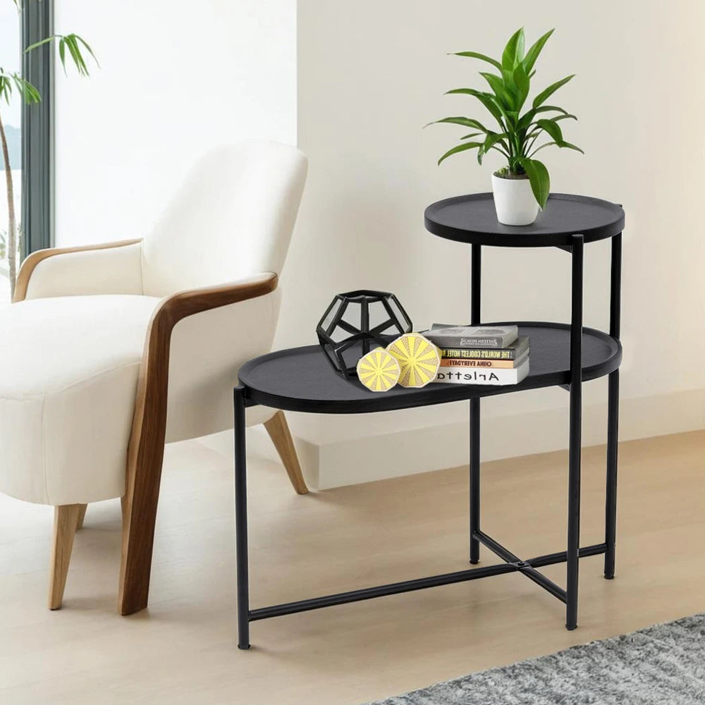 2-Tier End Table Round and Oval Sofa Side Table Overbed Bedside Table for Patio and Living Room Bedroom Medical Food Tray Table