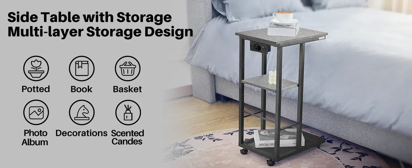 C Shaped End Table with Charging Station Rolling Wheels Small Space