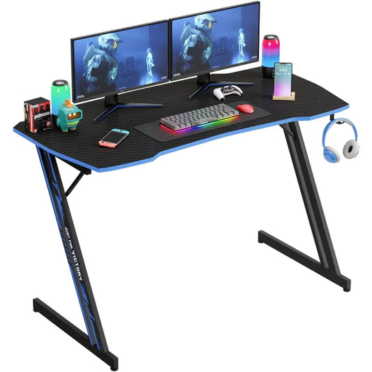Modern 47 Inch Z-Shaped Gaming Desk with Headphone Hook Home Office