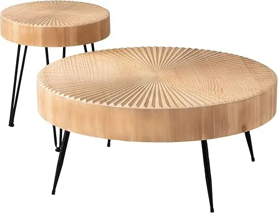 2-Piece Modern Farmhouse Living Room Coffee Table Set, Nesting Table Round Natural Finish with Handcrafted Wood Ring Pattern