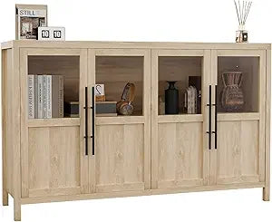 Large Sideboard Buffet Cabinet with 4 Glass Doors Modern Storage