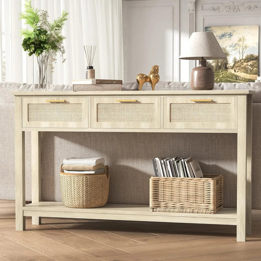 Ljustra 51.2" Rattan Console Table Narrow Entryway Sofa Table 3 Drawers