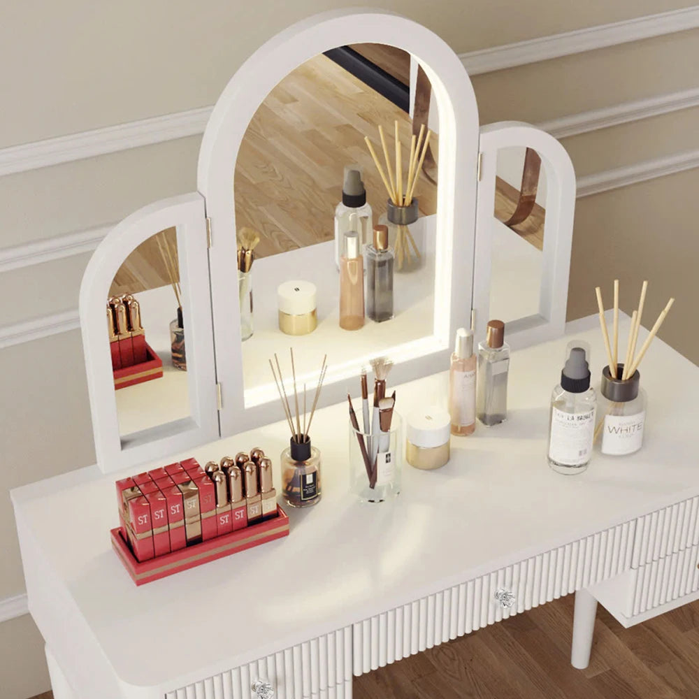 Luxury Mirrored Vanity Desk Set with Stool and Drawer Storage for Bedroom