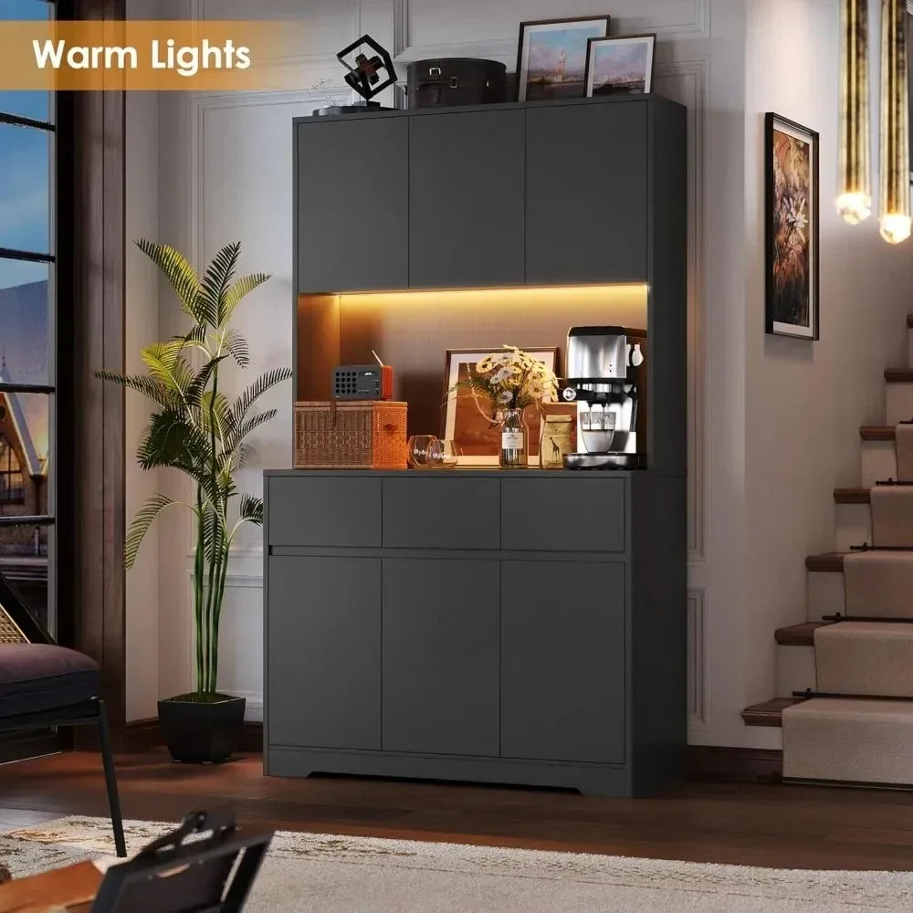 71 Inch Tall Kitchen Pantry Storage Cabinet with Power Outlets and LED Lights