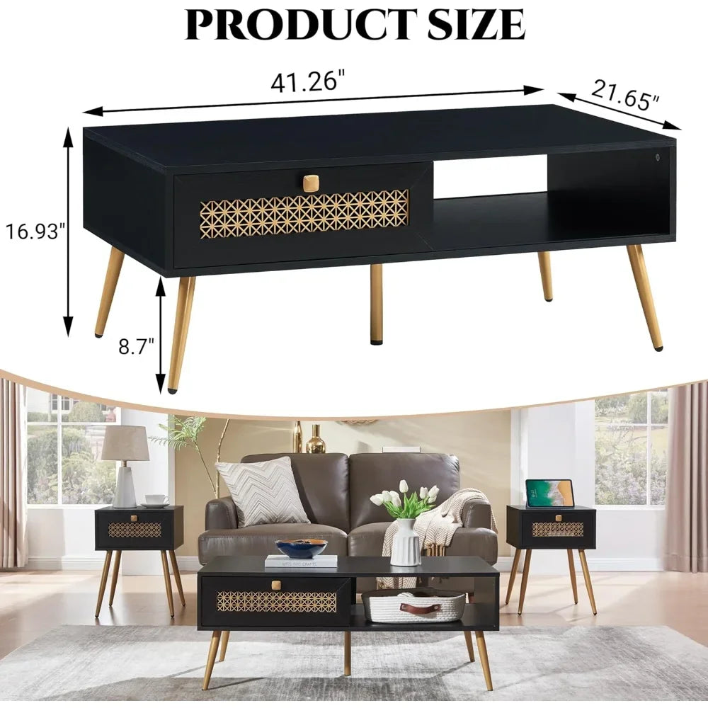 Wooden Mid Century Modern Coffee Table with Sliding Door for Living Room