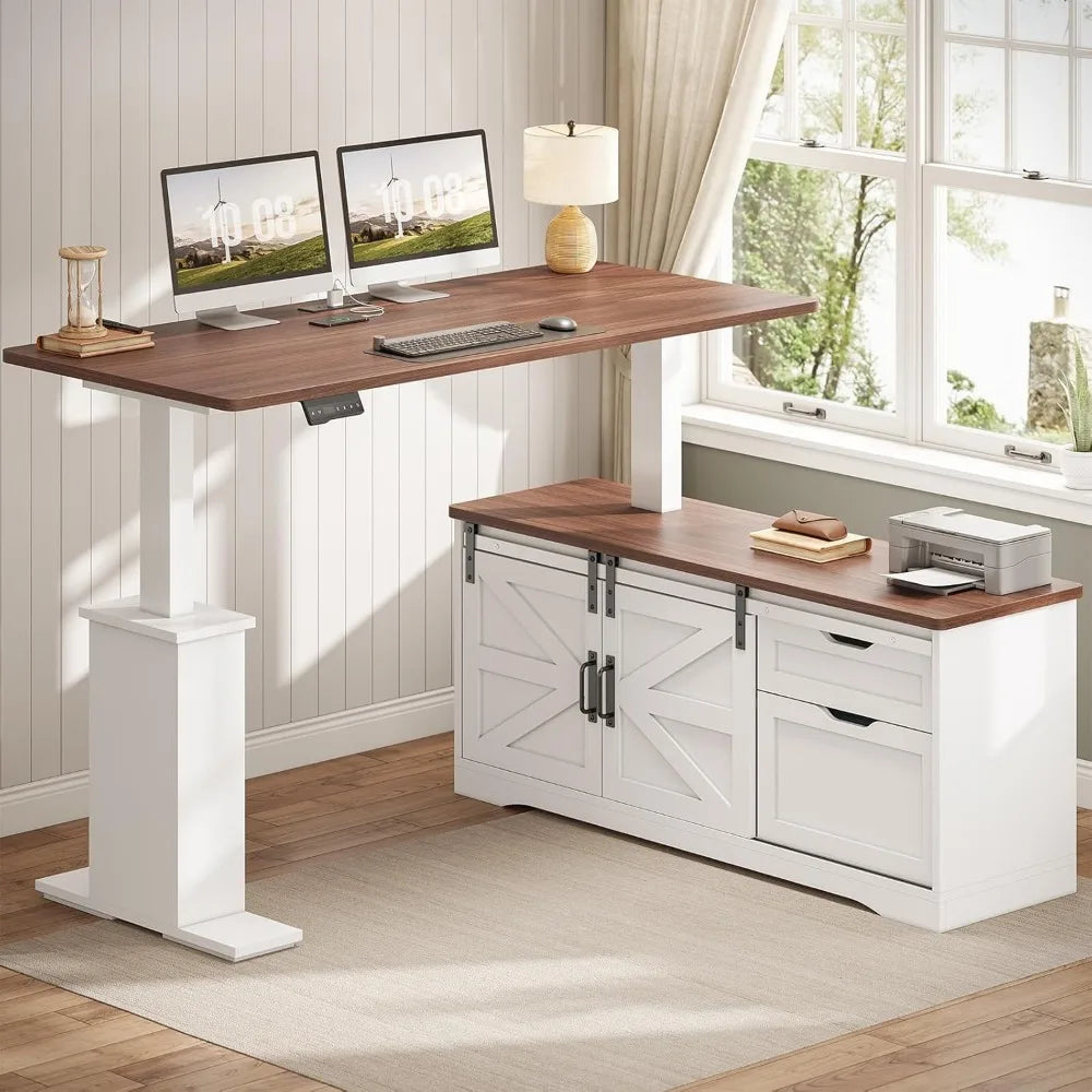 Farmhouse L Shaped Standing Desk 55 Inch Adjustable Corner Office Desk