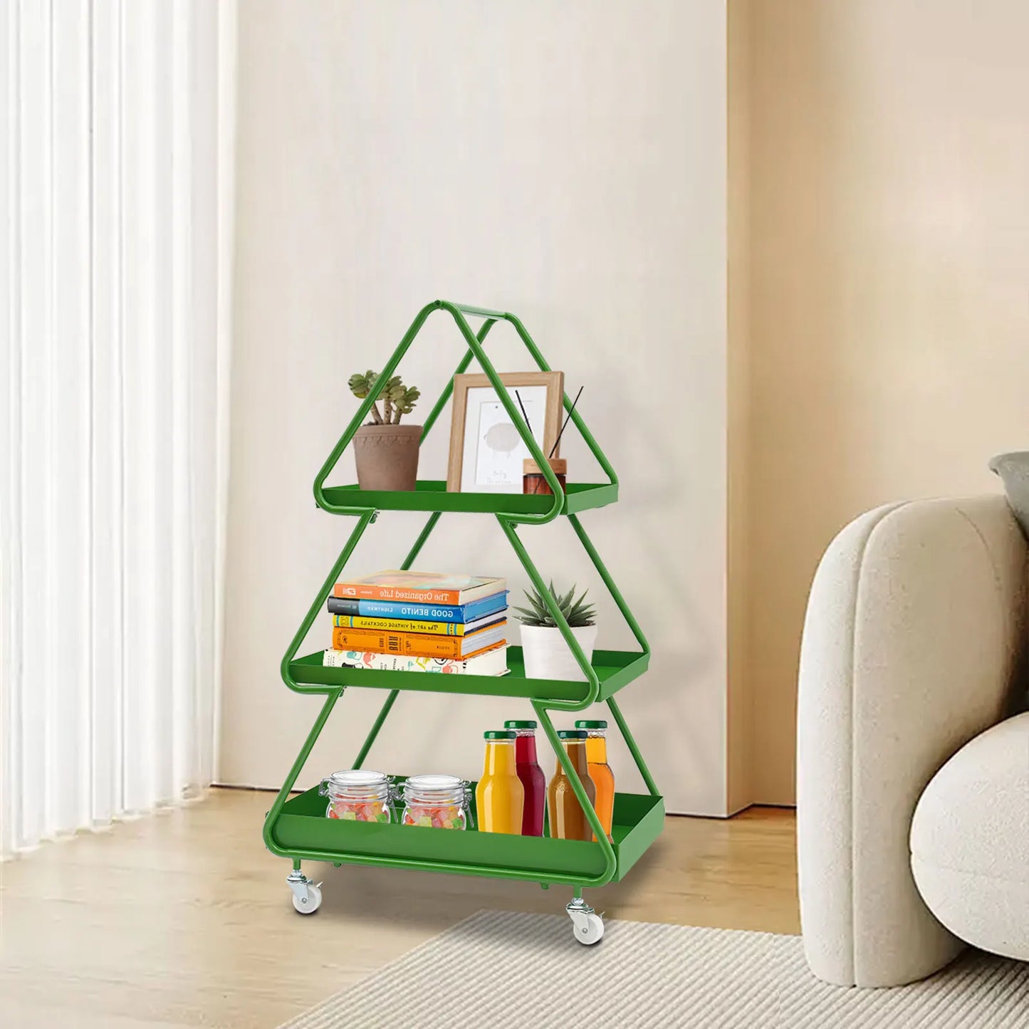 Christmas Tree Side Table Movable Iron Cart Sofa Cabinet with Wheels