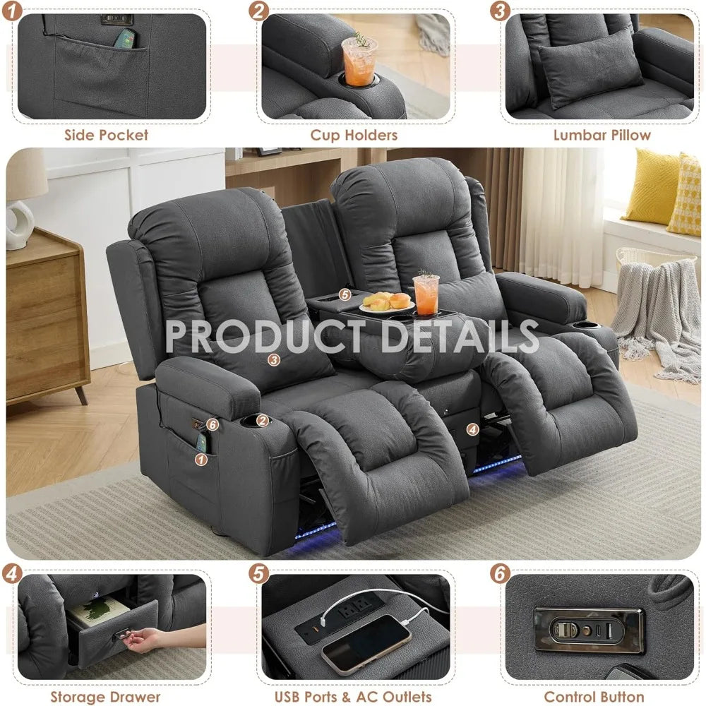 Reclining Loveseat with Console USB Speaker LED Light Storage