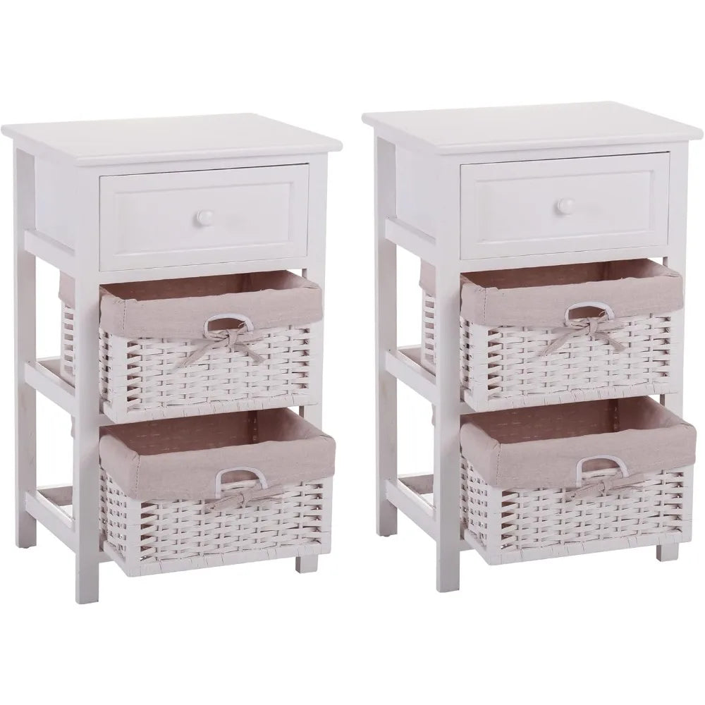 Set of 2 Nightstands with Wicker Baskets Fully Assembled Bedside Tables