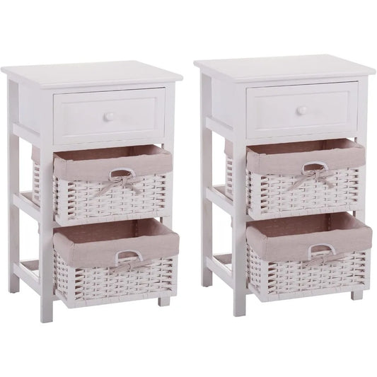 Set of 2 Nightstands with Wicker Baskets Fully Assembled Bedside Tables