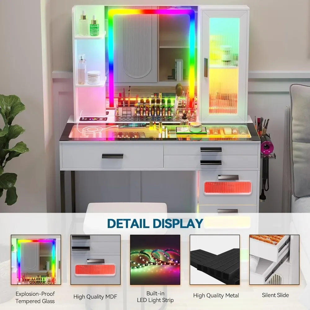 Modern Vanity Desk with Mirror LED Lights Charging Station Makeup Table