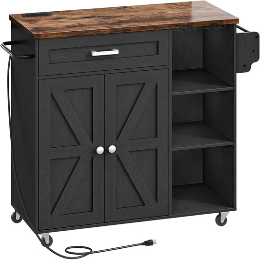 Kitchen Island Trolley Storage Cart with Power Outlet Spice Rack