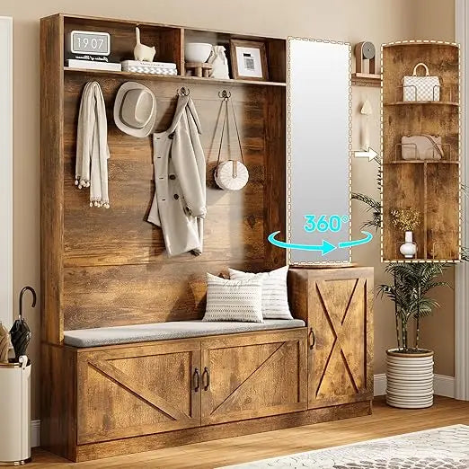 79 Inch Hall Tree Bench Shoe Storage Coat Rack Mirror Entryway Organizer
