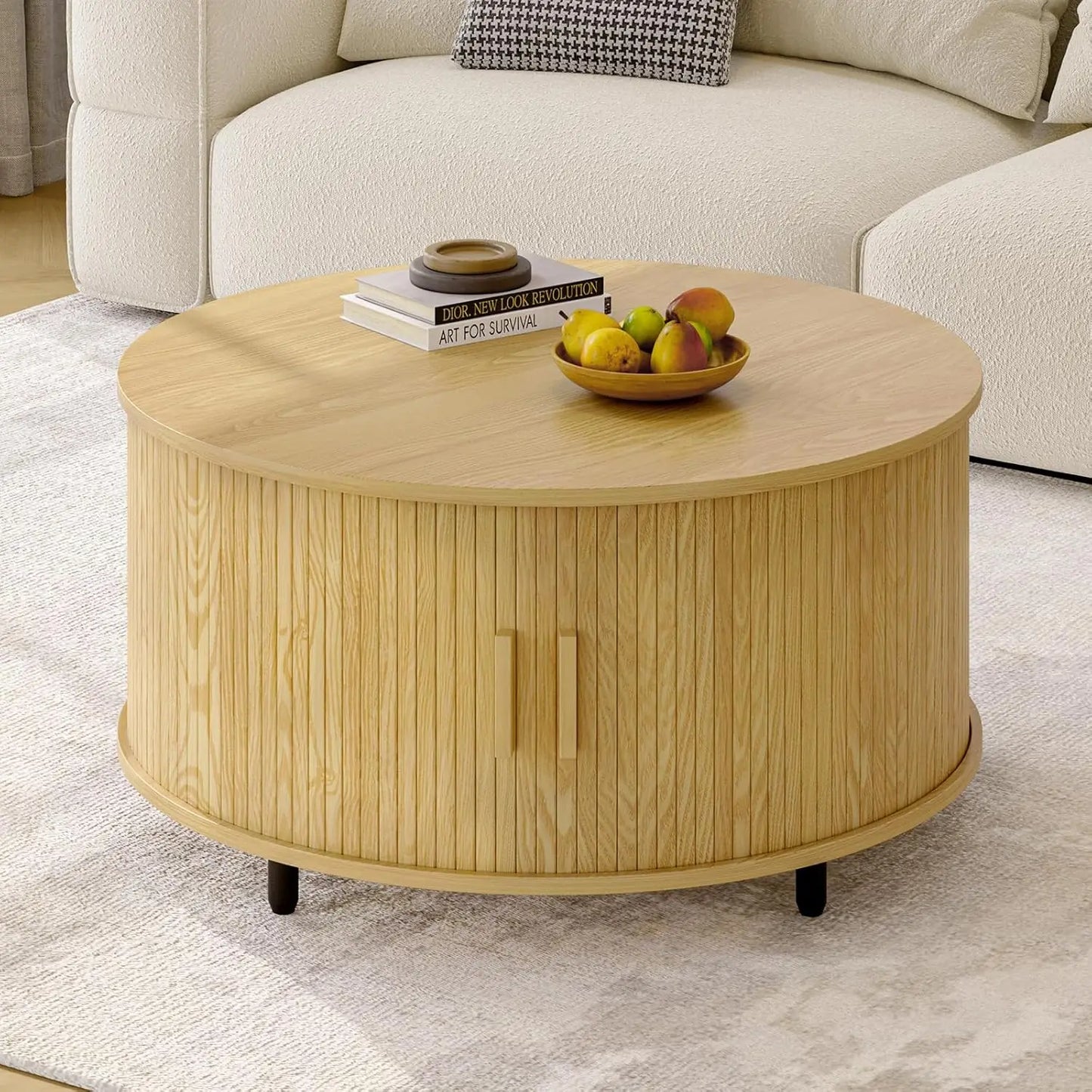 Round Coffee Table with Storage Modern 31.5 Inch Curved Sliding Door