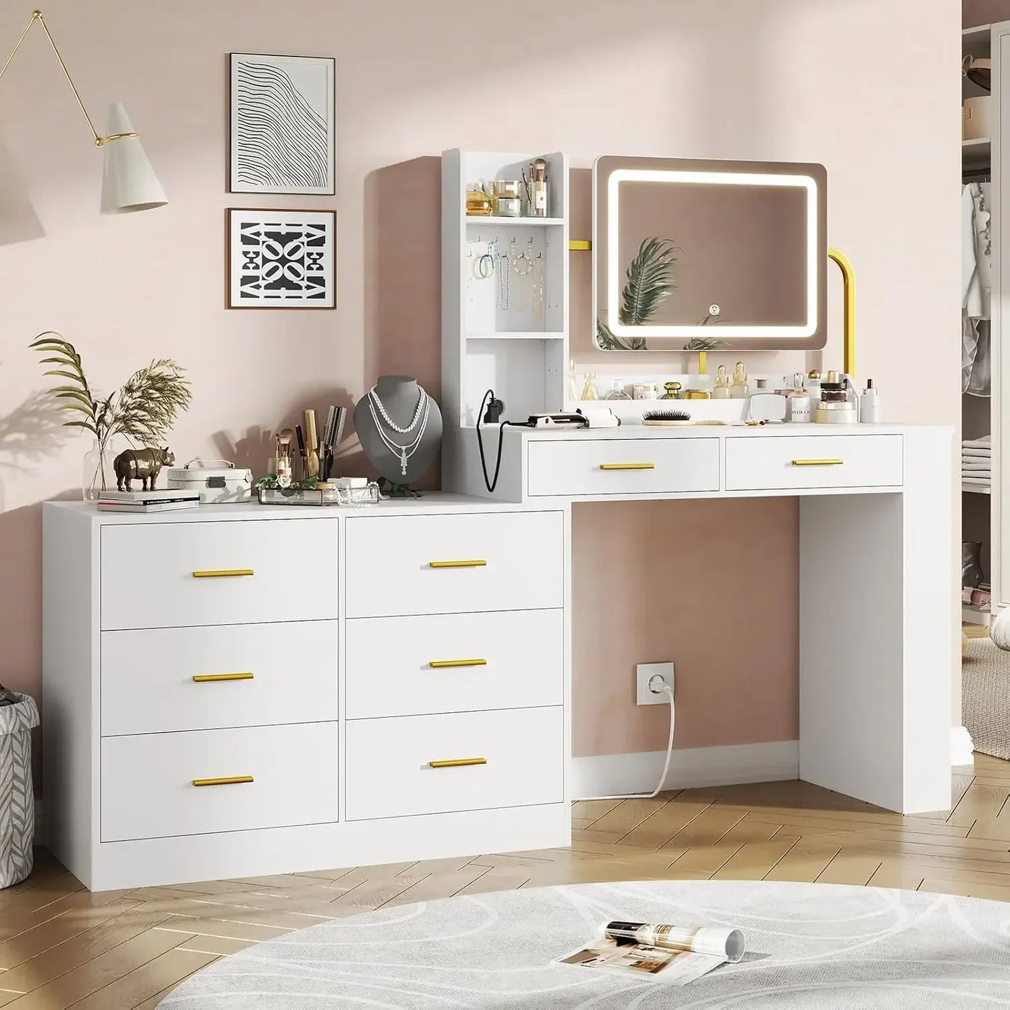 Ljustra Vanity Desk with Mirror and Lights Makeup Table Charging Station 8 Drawers