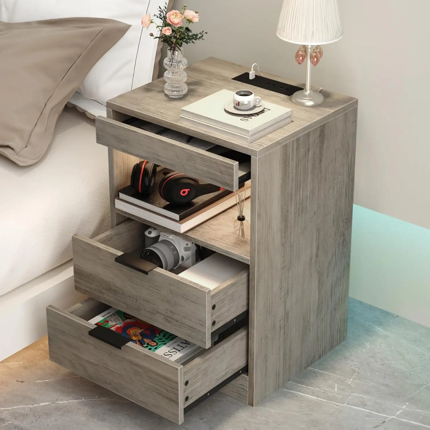 LED Nightstand with Charging Station and Drawers for Bedroom Decor