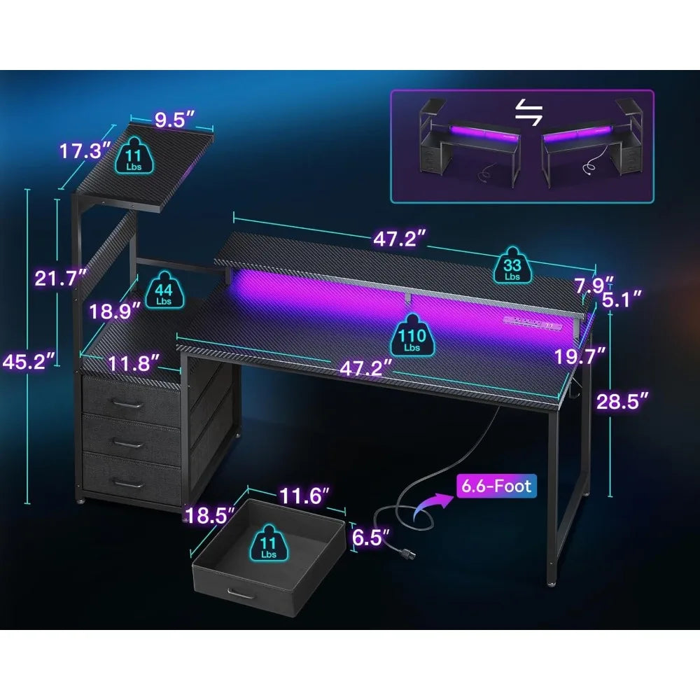 59 Inch Gaming Desk with USB Ports LED Light Reversible Storage Shelves