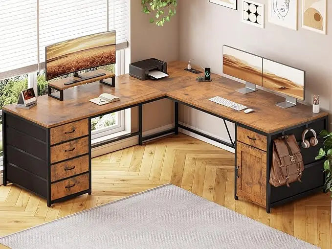 L Shaped Desk 63 Inch Computer Desk with 5 Drawers and Power Outlet