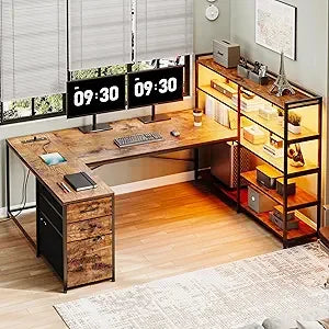 L Shaped Gaming Desk with Power Outlet Storage Shelves LED Lights