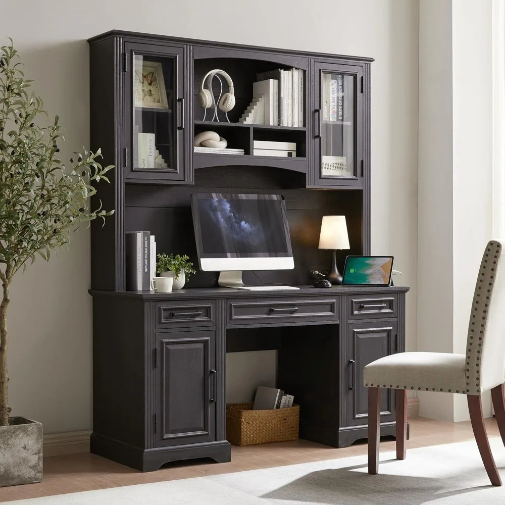 Farmhouse 76 Inch Computer Desk with Hutch Storage Charging Station