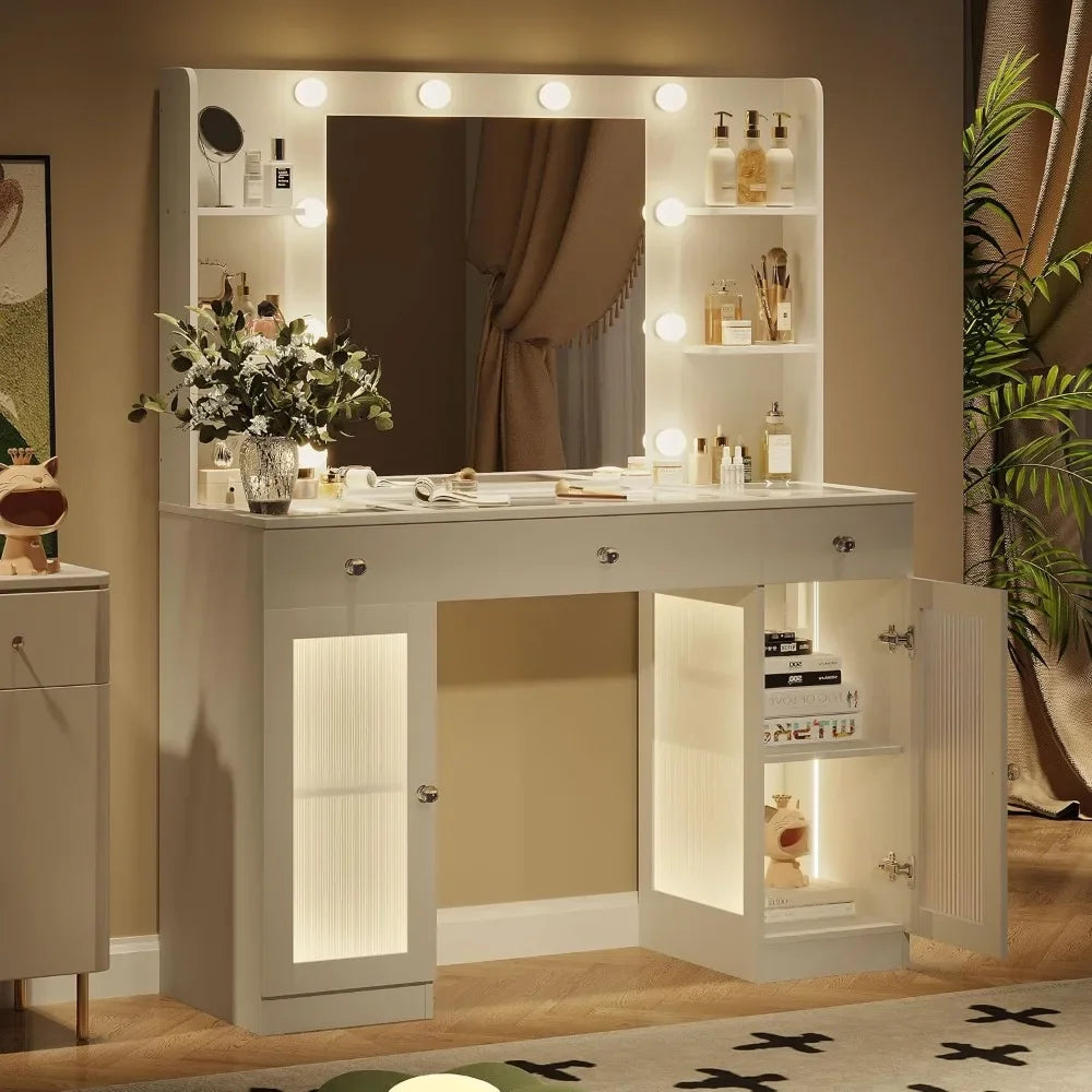 Makeup Vanity Desk with Mirror and Lights Storage Cabinet for Bedroom