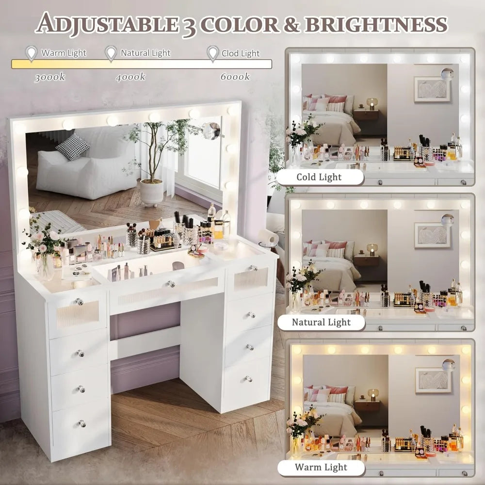 9 Drawers Vanity Desk with Large Mirror and Lights for Makeup