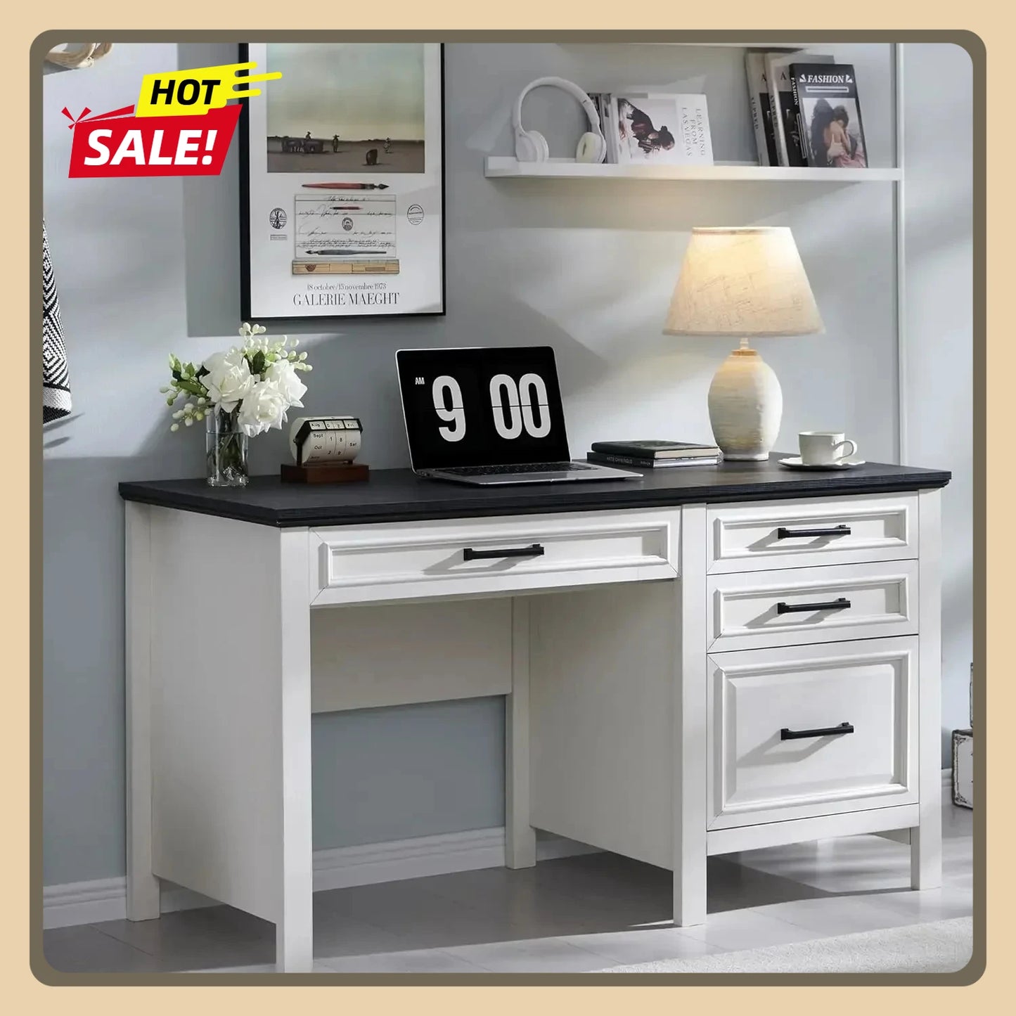 53 Inch Home Office Desk with File Cabinet Modern Farmhouse Computer Desk