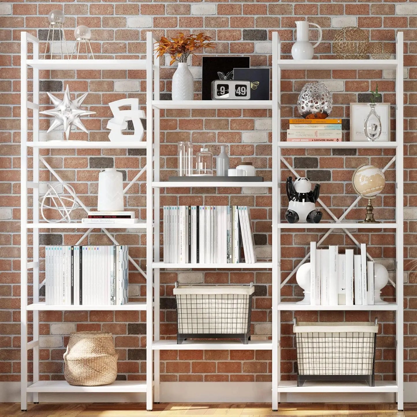 Triple Wide Industrial Bookshelf 5 Tiers Large Open Display Shelf