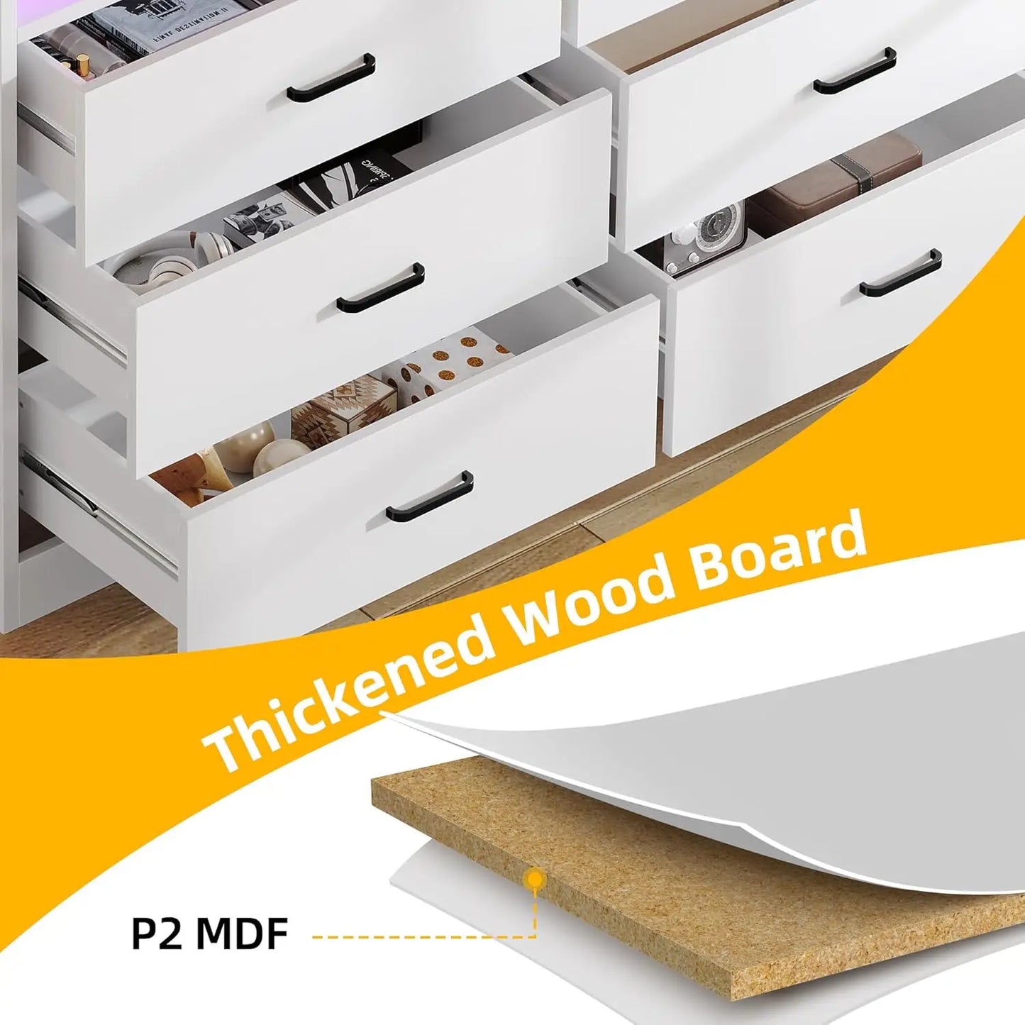 6 Drawer Dresser LED Light Charging Station Modern Storage Cabinet