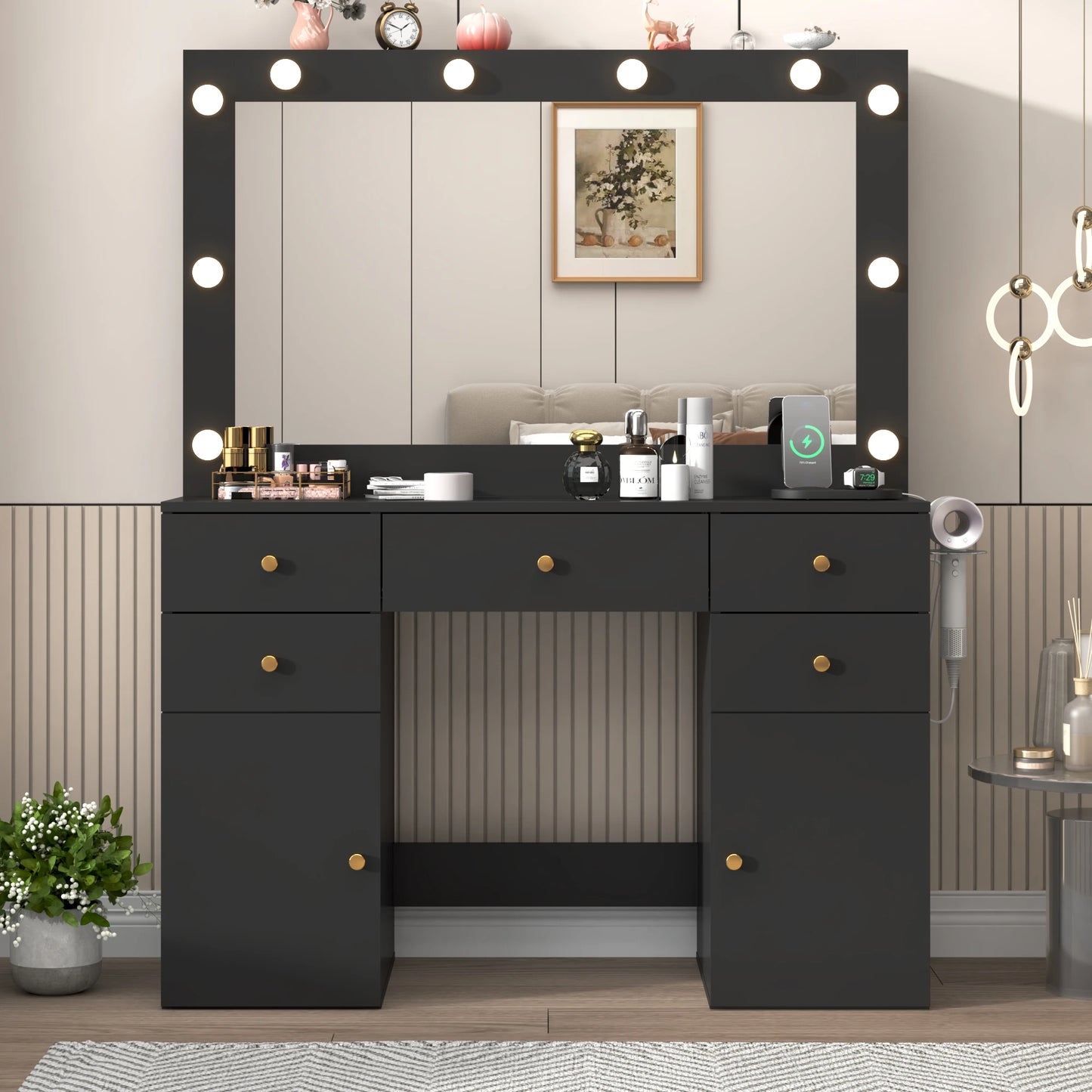 Vanity Desk with Lighted Mirror Charging Station & Storage Set