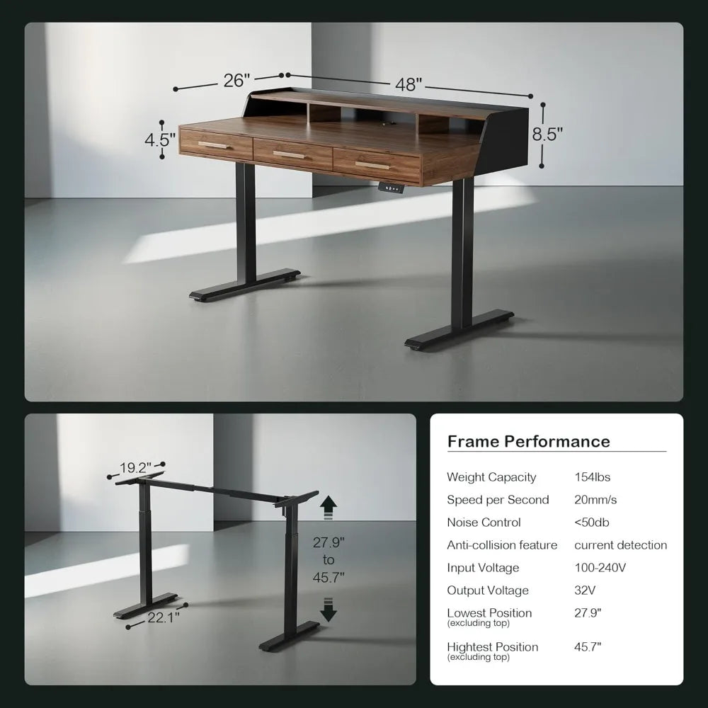 Height Adjustable Standing Desk with 3 Drawers and Monitor Shelf