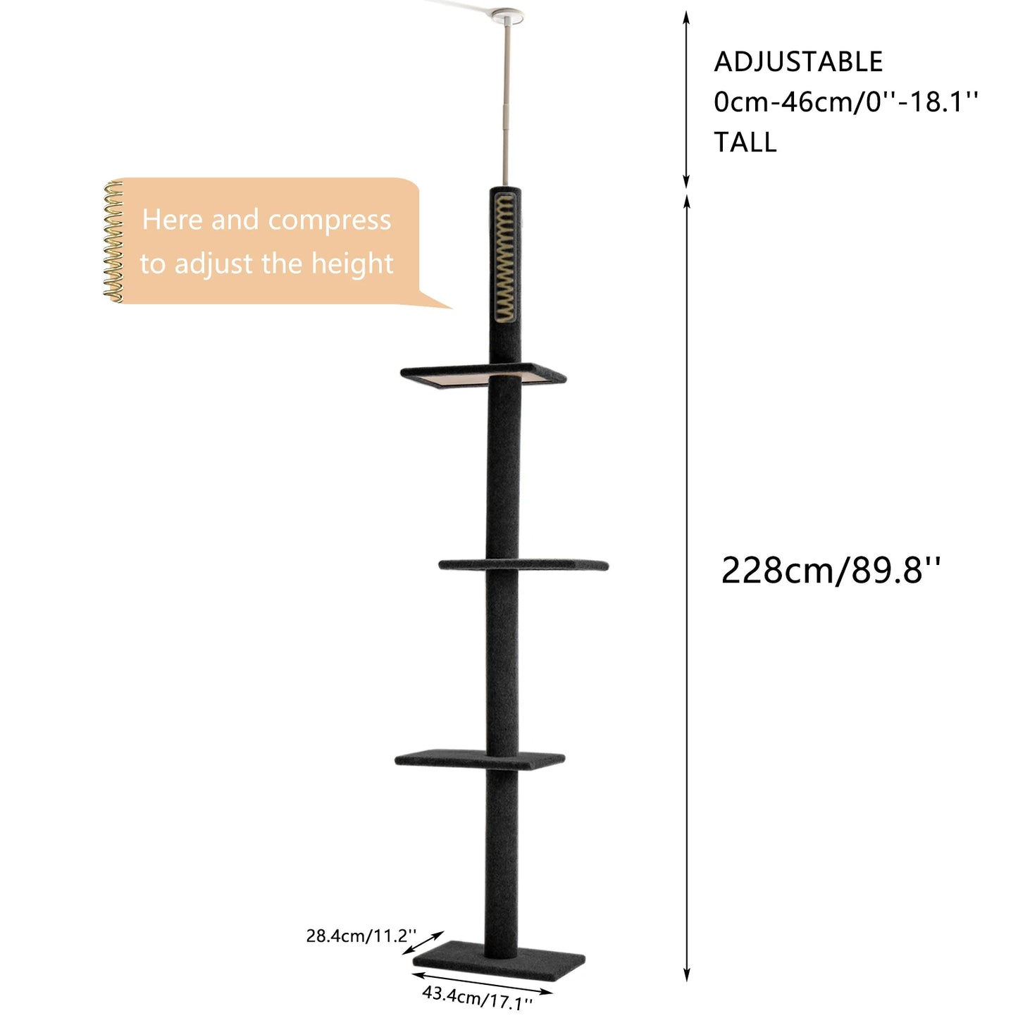Adjustable Height Cat Tree Indoor Floor to Ceiling Tower Scratching Post