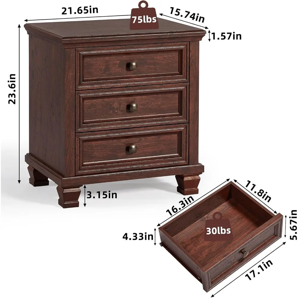 Rustic Farmhouse Nightstand Set of 2 with 3 Drawers and Solid Wood Legs