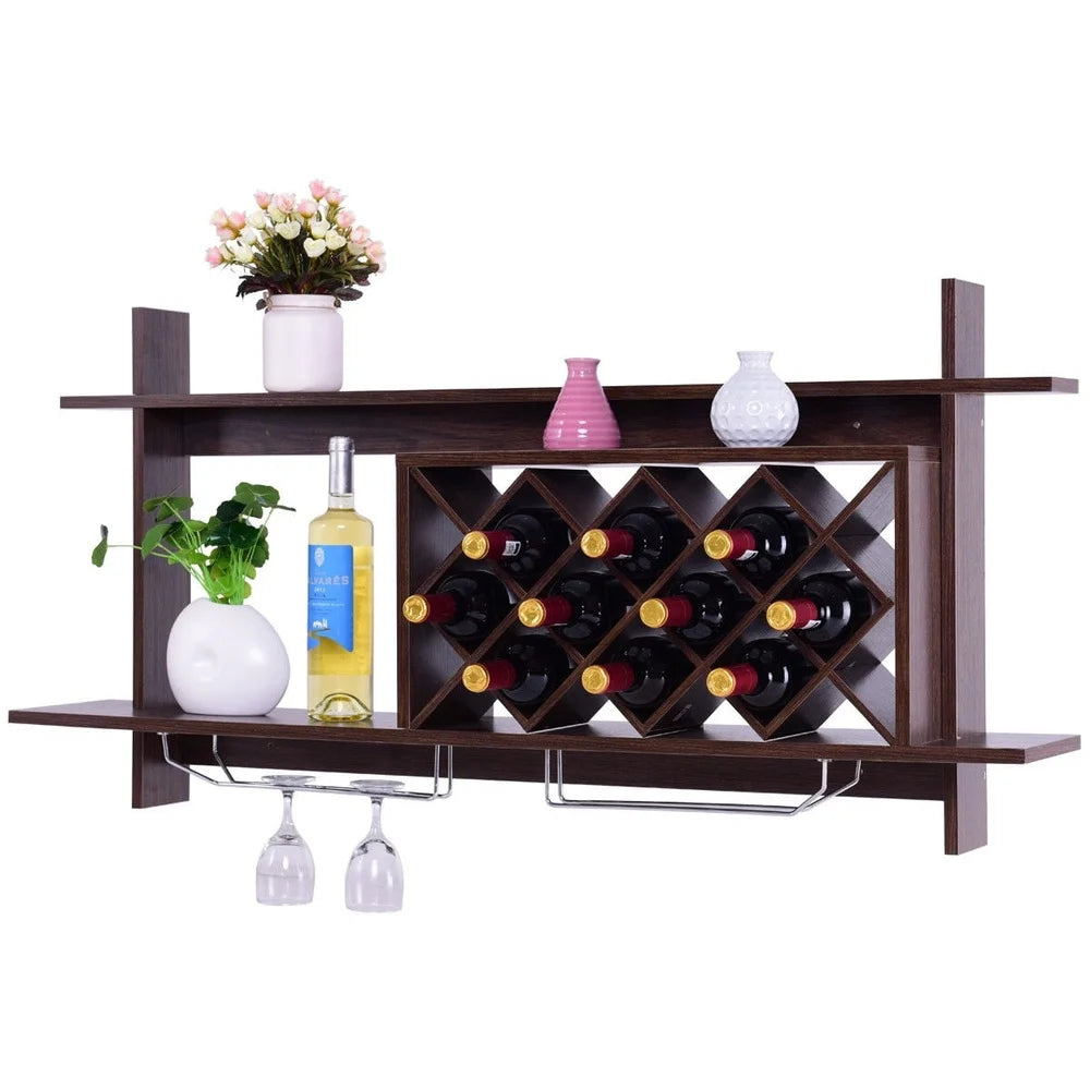 Wine Rack Wall Mount with Glass Holder Stylish Home Organizer Storage