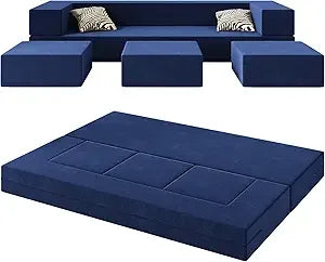 Modular Foam Floor Sofa Bed 80" Convertible Futon w/ 3 Ottomans & Washable Cover