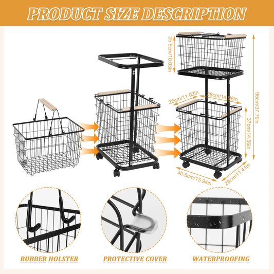 2 Tier Rolling Laundry Basket with Wheels Metal Storage Cart Hamper
