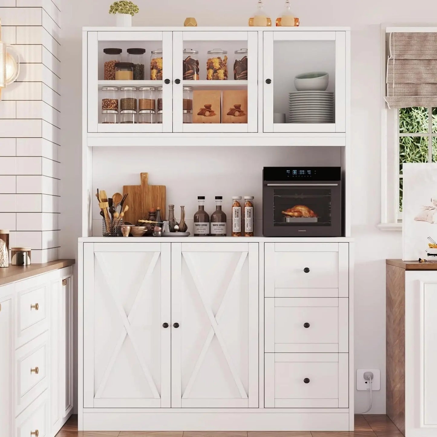 Kitchen Pantry Hutch with Microwave Stand Boho Storage Cabinet