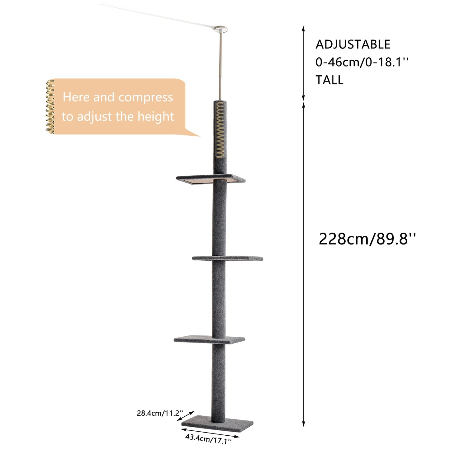 Adjustable Height Cat Tree Indoor Floor to Ceiling Tower Scratching Post