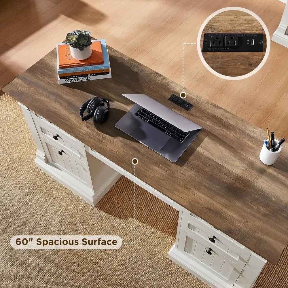 60 Inch Executive Desk with Drawers Charging Station and Keyboard Tray