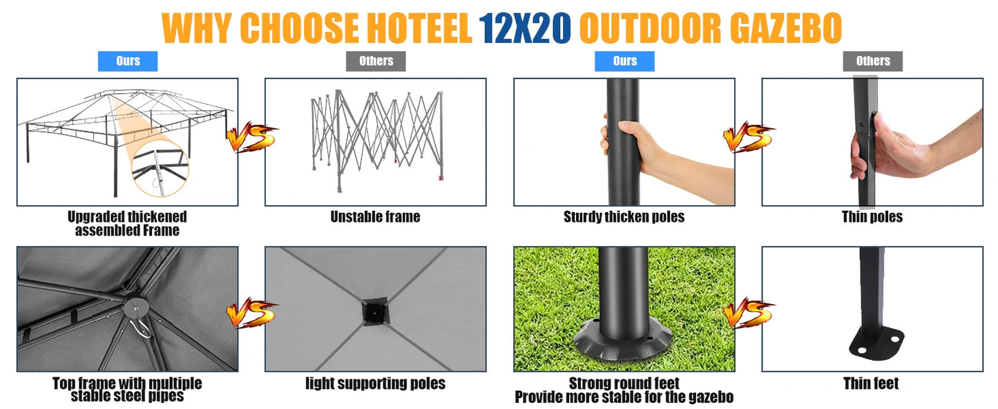 12x20 Outdoor Gazebo with Privacy Curtains Mosquito Netting Metal Frame