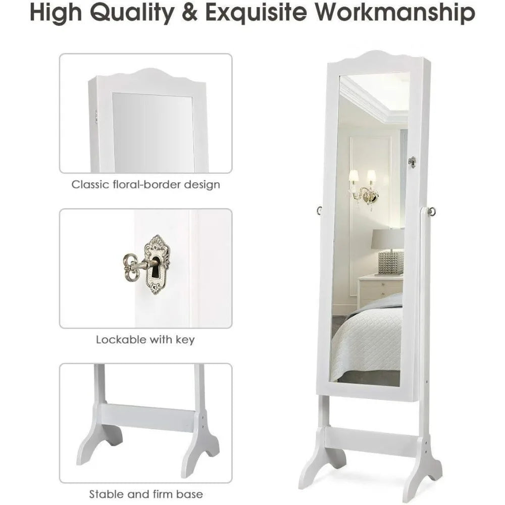 Standing Lockable Mirrored Jewelry Cabinet with LED Lighting and Drawers