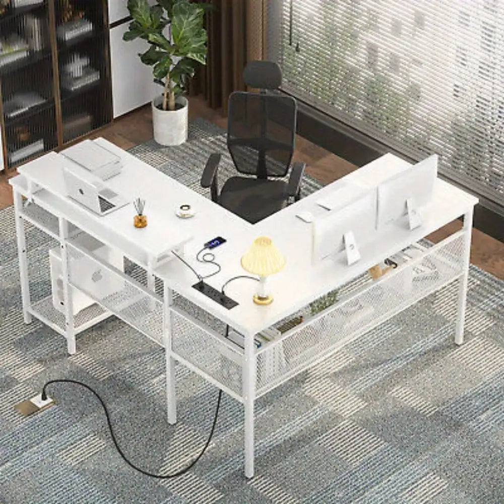 L-Shaped Computer Desk with Lighting and Grid Bookshelves for Home Office