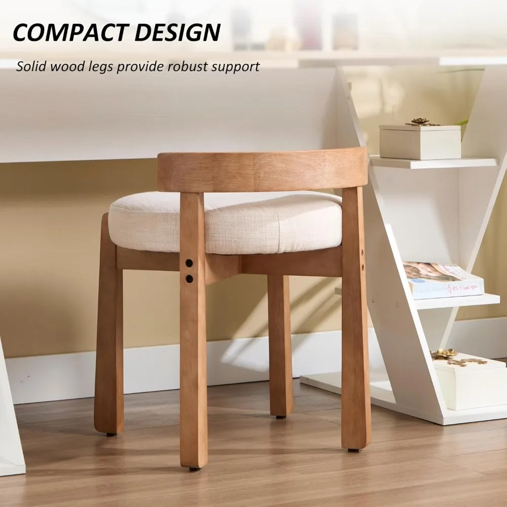 Wood Vanity Chair with Back Linen Upholstered Ottoman Mid-Century Modern