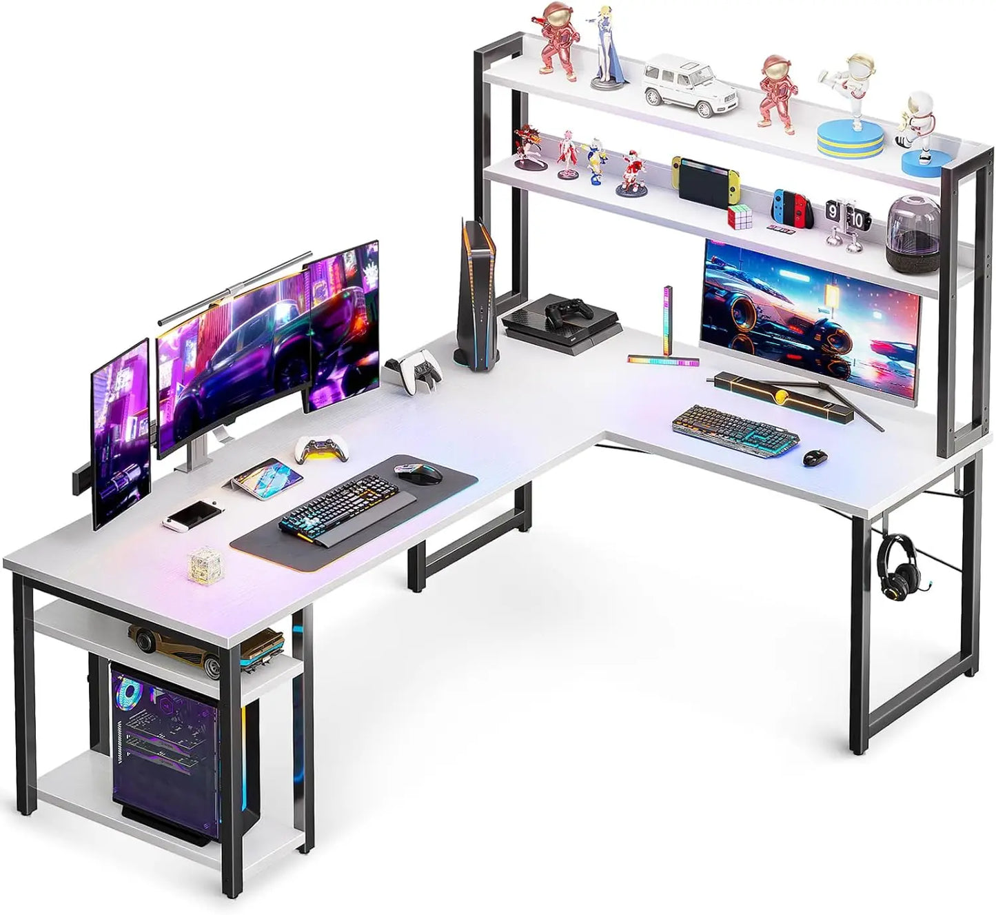 L Shaped Gaming Desk with Hutch Storage Shelves Home Office Corner Desk