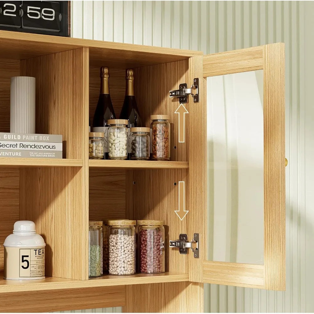 Large Kitchen Hutch Cabinet with Glass Doors and Drawers for Storage
