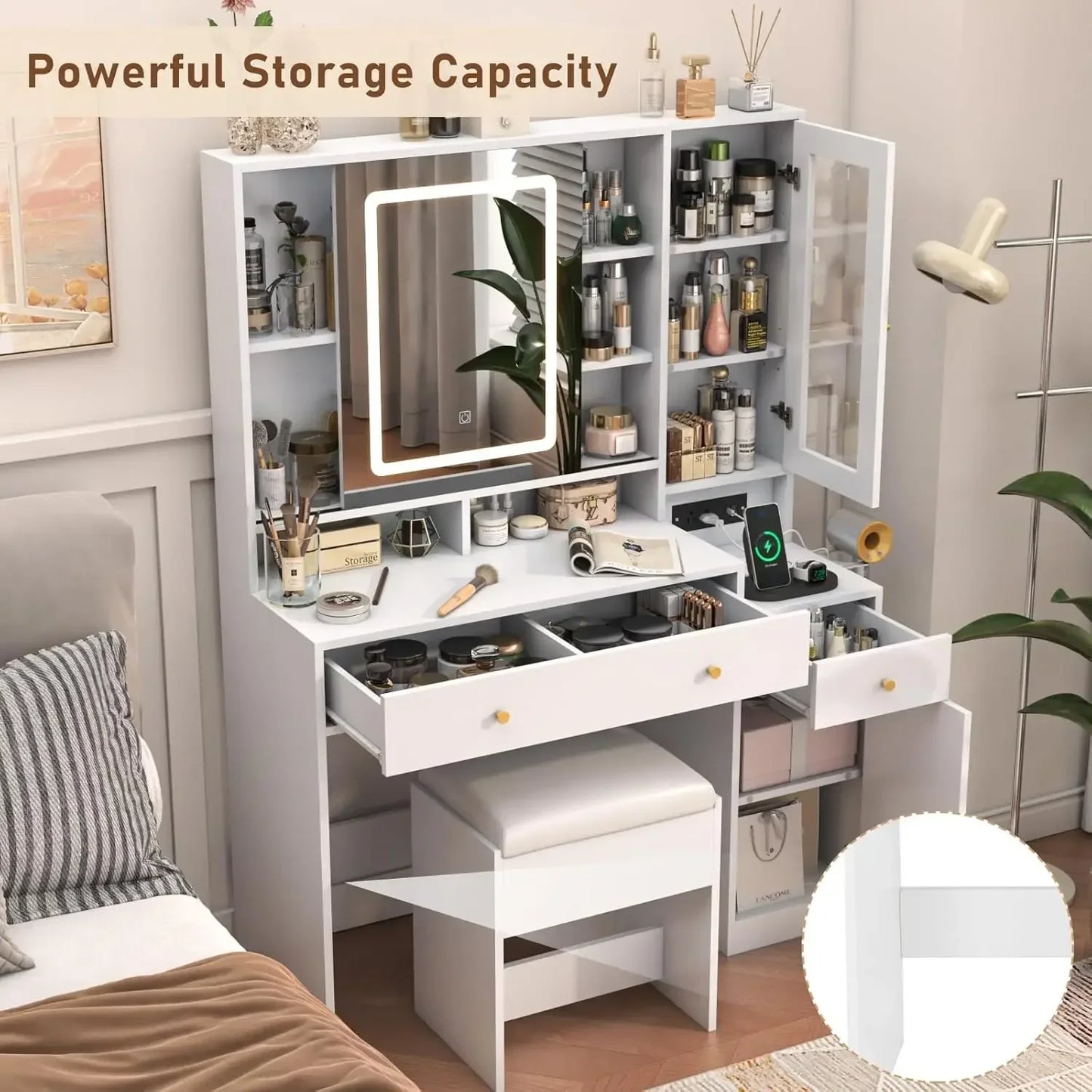 Makeup Mirror Desk with Charging Station and Storage for Girls Women