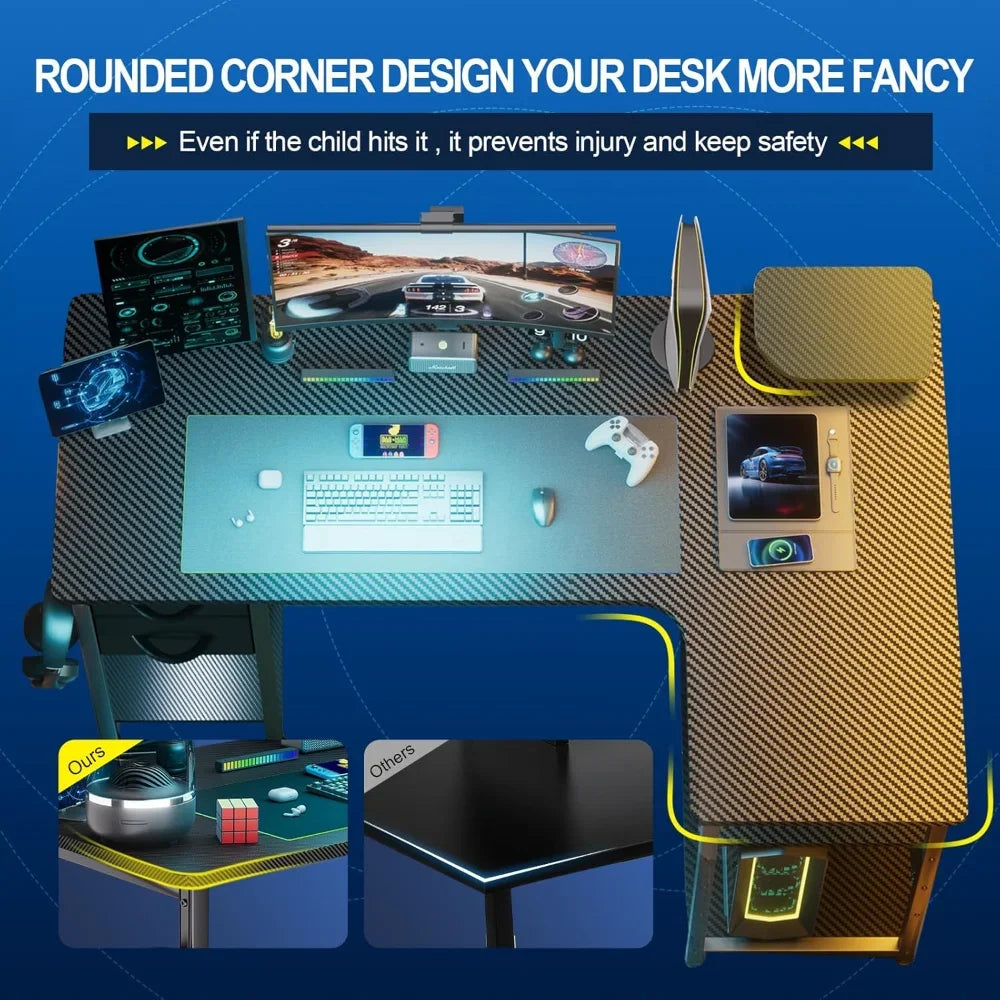 Gaming Desk L-Shaped Computer Desk with Drawers Monitor Arm Compatible
