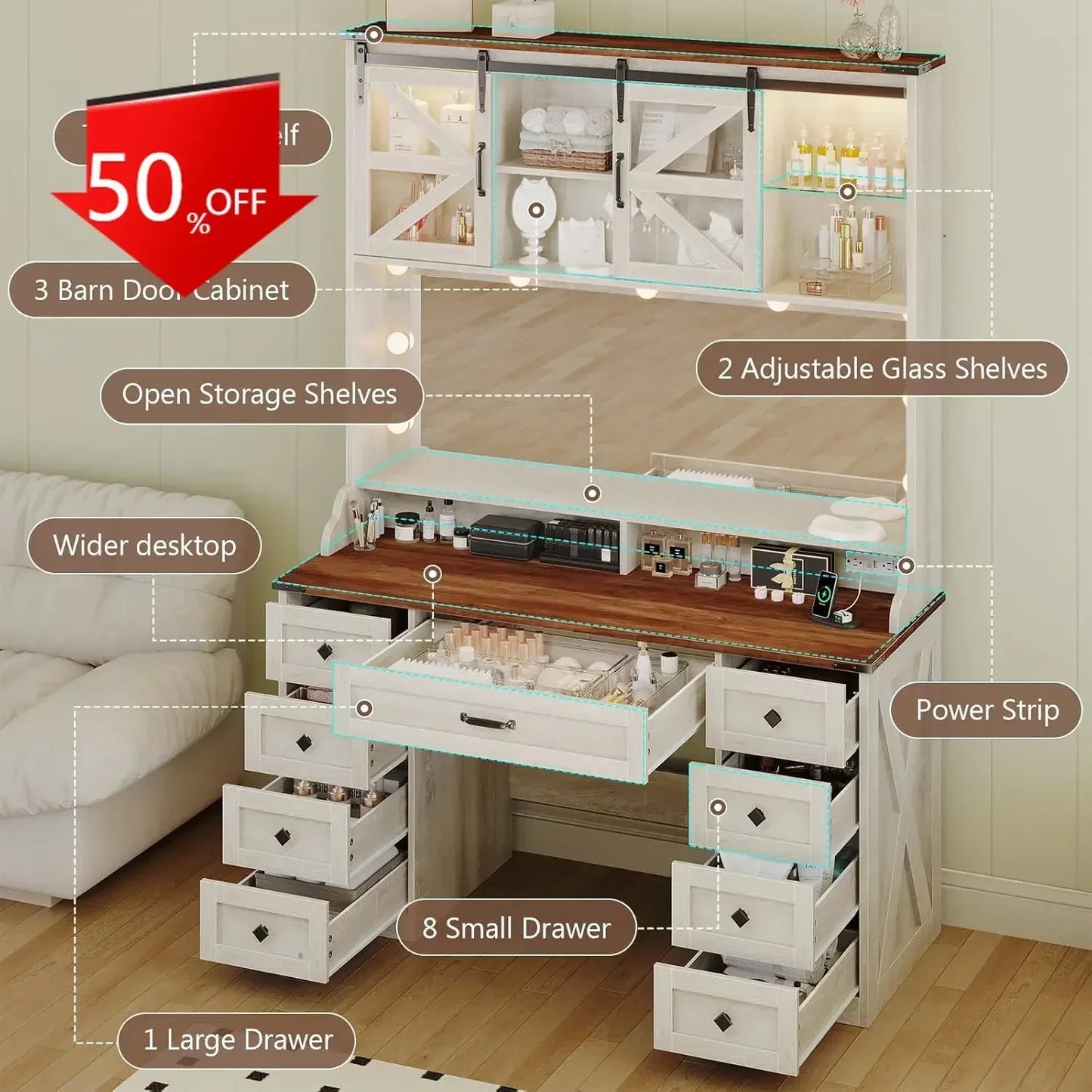 Farmhouse Makeup Vanity Desk with Mirror and RGB Lights 9 Drawer